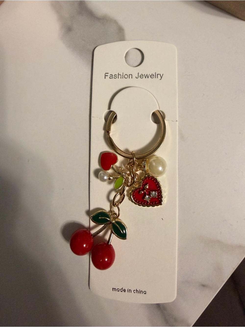 Gold Cherry & Heart Bag Charm Keyring with Red Accents